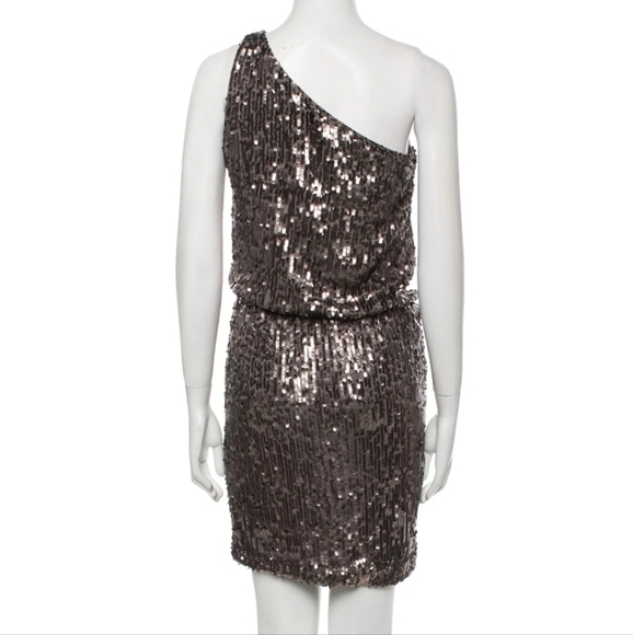 New Halston Heritage Sheath 1 Shoulder Sequin Gunmetal Cocktail Mini Dress Small - Picture 6 of 13
